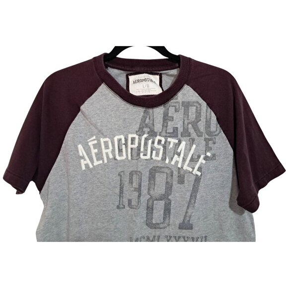 Aeropostale Mens Raglan Graphic T-Shirt Size L Gray & Burgundy - Picture 5 of 8